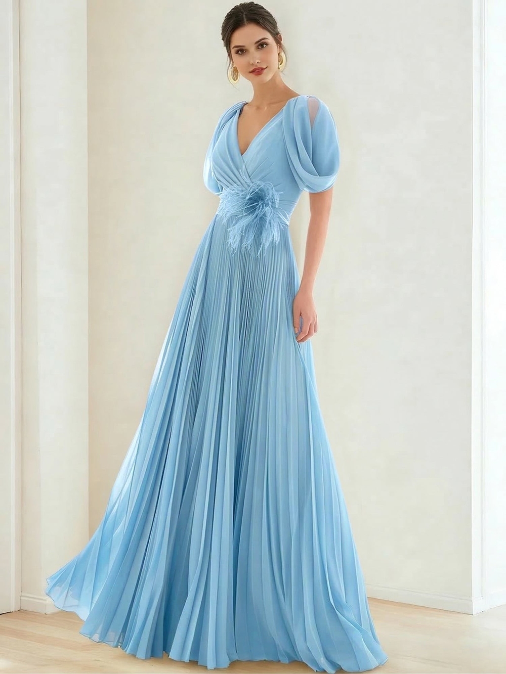 Elegant Light Blue Pleated V-Neck Evening Gown Size 16
